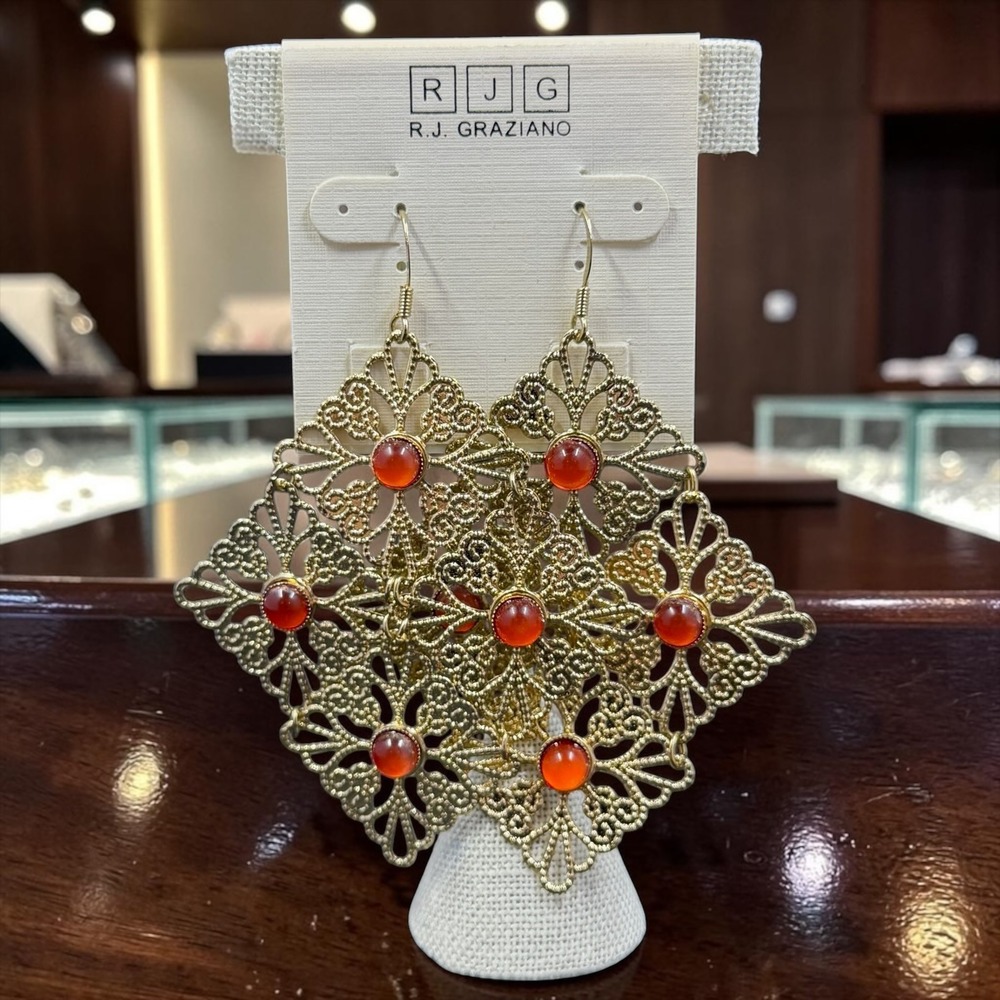 R.J. Graziano Orange Gold Filigree Chandelier Earrings Boho Statement 3" NWOT